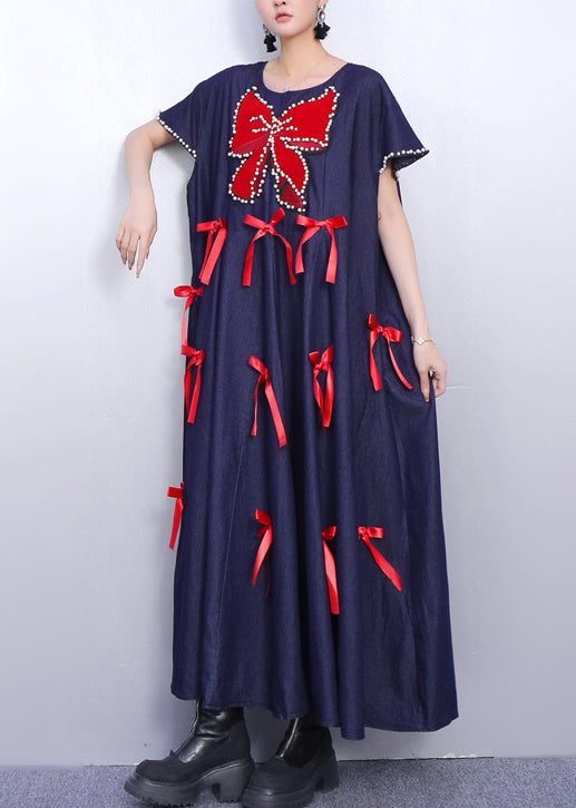 Navy Oversized Butterfly Bow Denim Maxi Dresses Summer