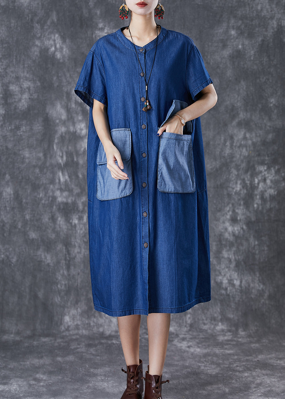 Navy Oversized Patchwork Pockets Denim Maxi Dresses Summer