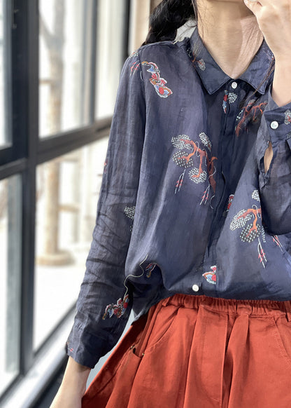 Navy Oversized Print Linen Shirts Spring
