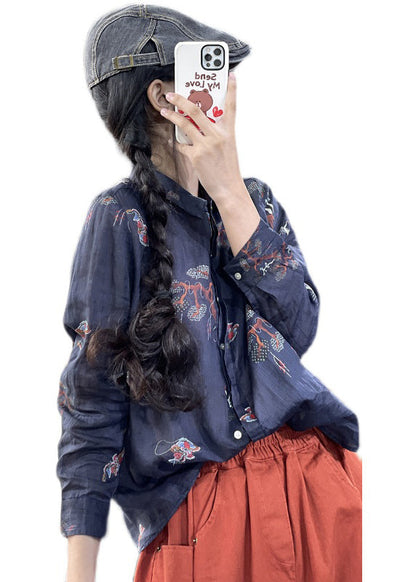 Navy Oversized Print Linen Shirts Spring