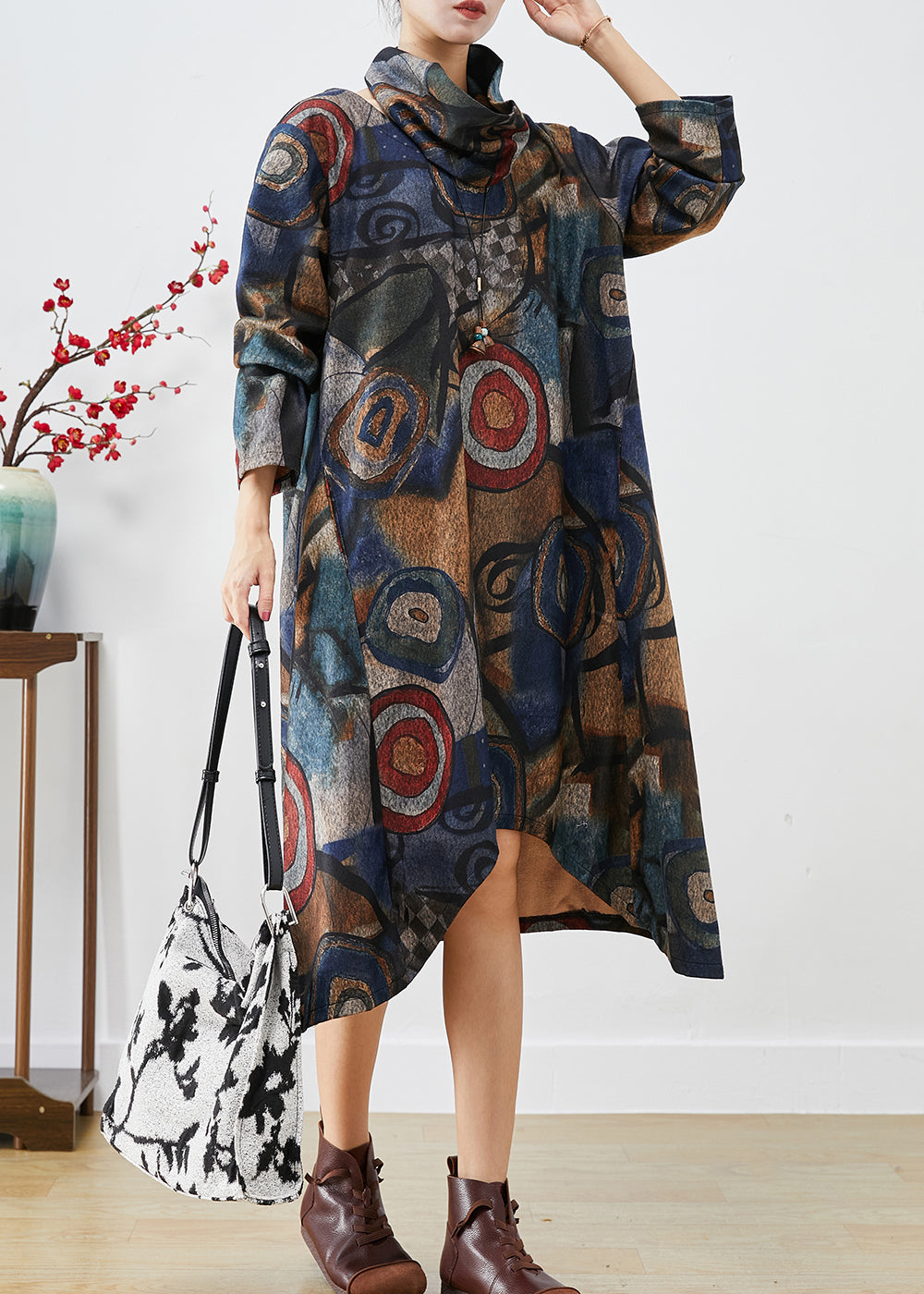 Navy Oversized Print Woolen Dress Two Piece Set Fall