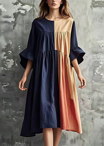 Navy Patchwork Wrinkled Cotton Long Dresses Flare Sleeve