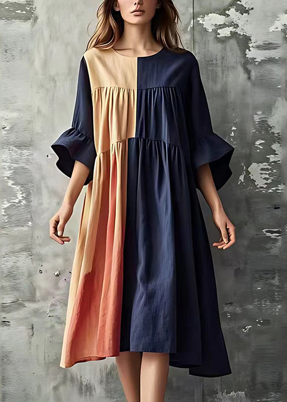 Navy Patchwork Wrinkled Cotton Long Dresses Flare Sleeve