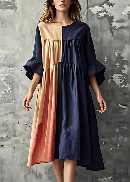 Navy Patchwork Wrinkled Cotton Long Dresses Flare Sleeve