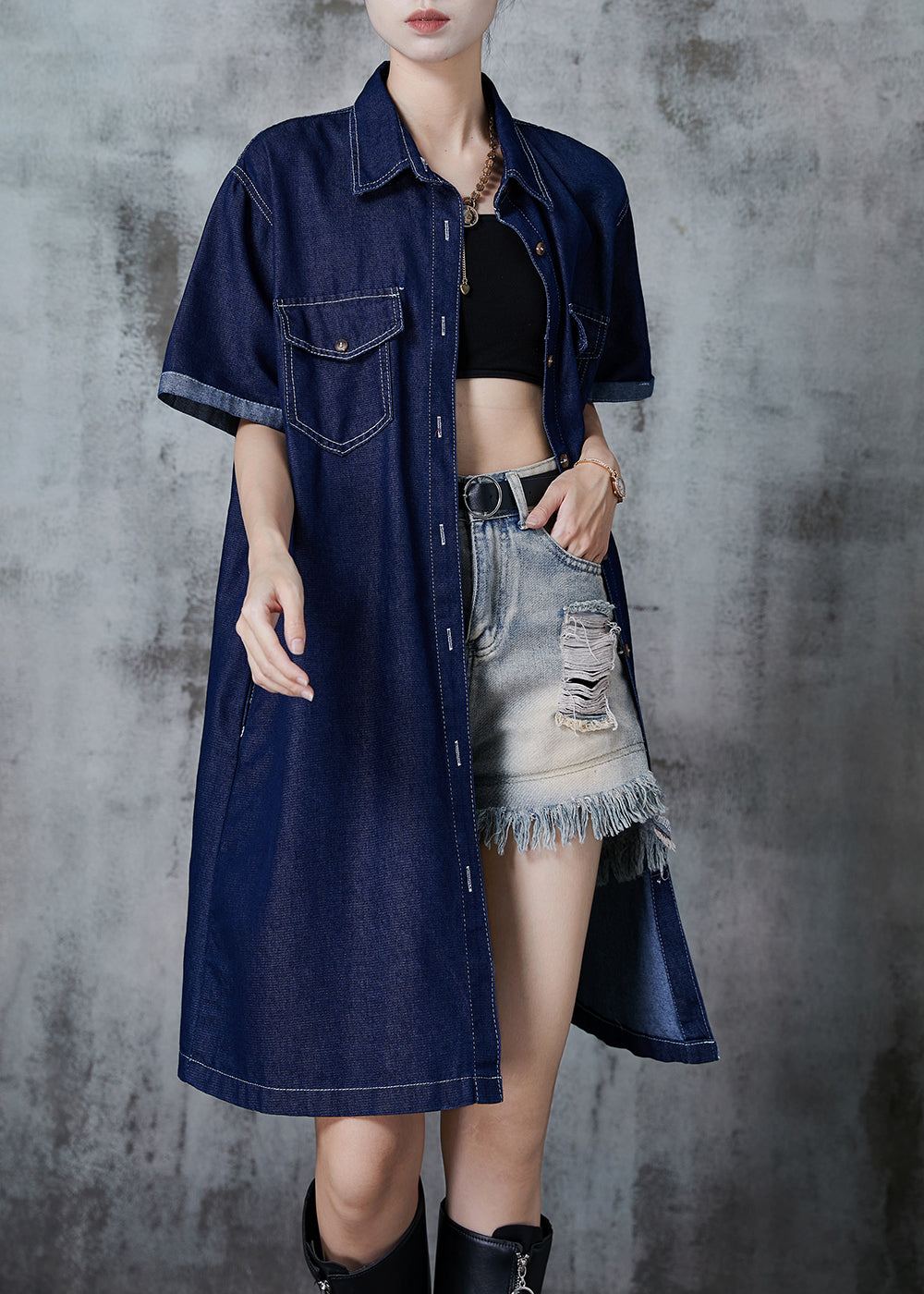 Navy Peter Pan Collar Denim Mini Dress Summer