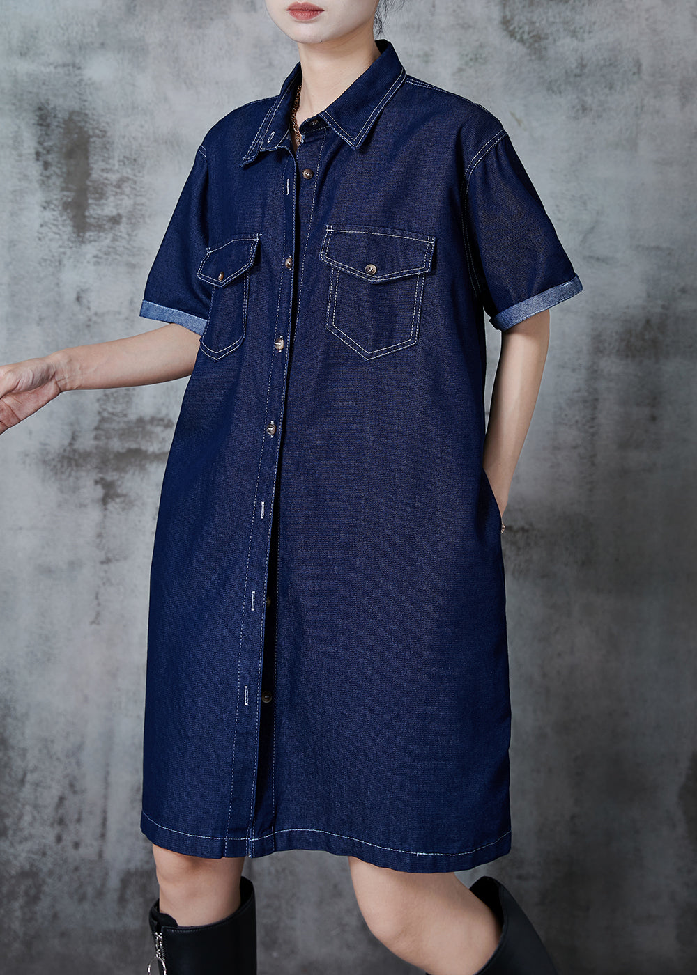 Navy Peter Pan Collar Denim Mini Dress Summer