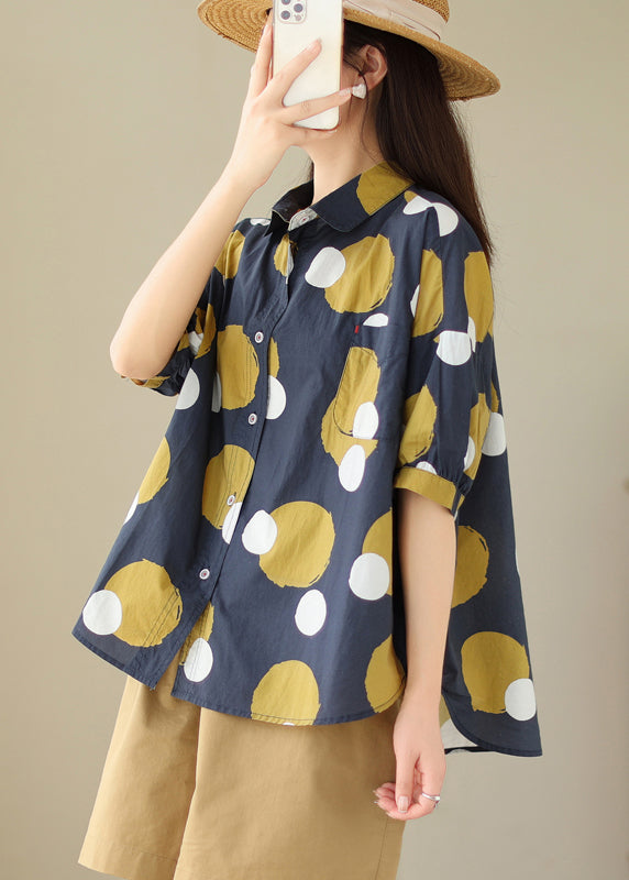 Black Abstract Peter Pan Collar Print Cotton Shirt Tops Summer