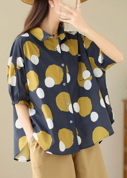 Yellow Stripes Peter Pan Collar Print Cotton Shirt Tops Summer