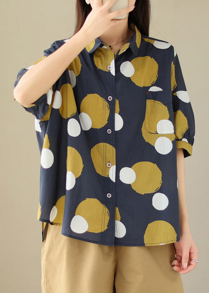Yellow Sunflower Peter Pan Collar Print Cotton Shirt Tops Summer