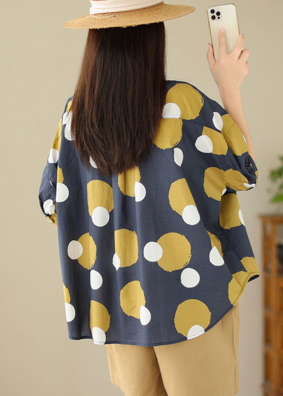 Yellow Stripes Peter Pan Collar Print Cotton Shirt Tops Summer