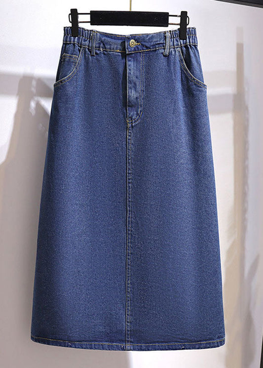Navy Pockets Elastic Waist Patchwork Denim a Iine Skirts Fall