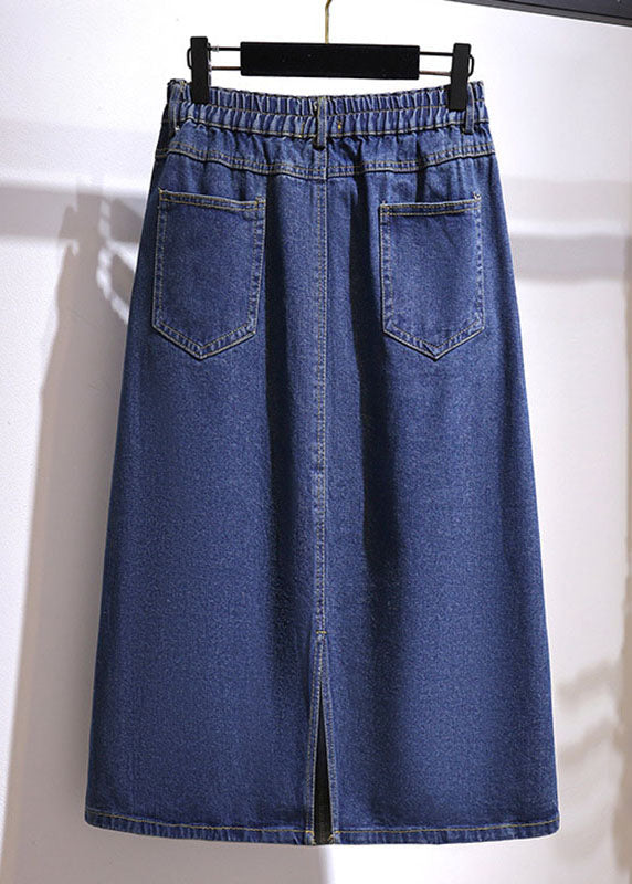 Navy Pockets Elastic Waist Patchwork Denim a Iine Skirts Fall