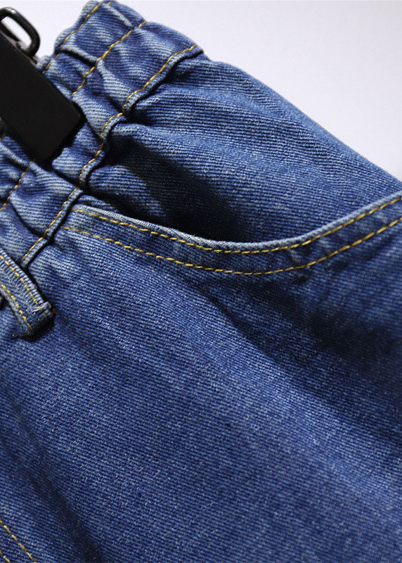 Navy Pockets Elastic Waist Patchwork Denim a Iine Skirts Fall