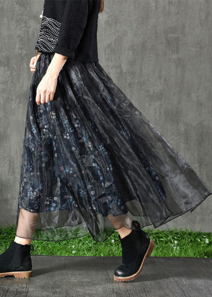 Navy Print Patchwork Fall Organza Skirt