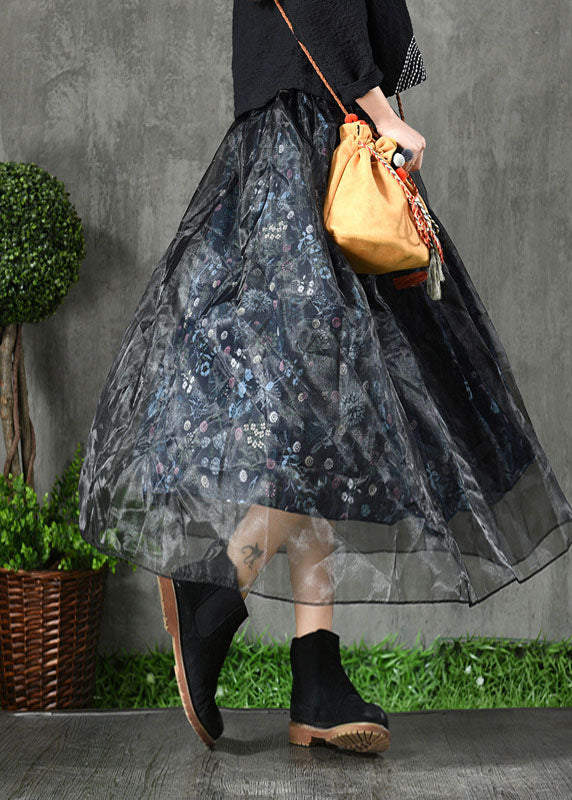 Navy Print Patchwork Fall Organza Skirt