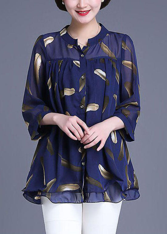 Navy Print Wrinkled Patchwork Chiffon Blouse Tops Summer