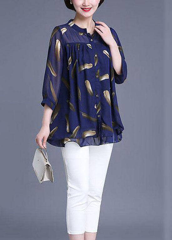 Navy Print Wrinkled Patchwork Chiffon Blouse Tops Summer