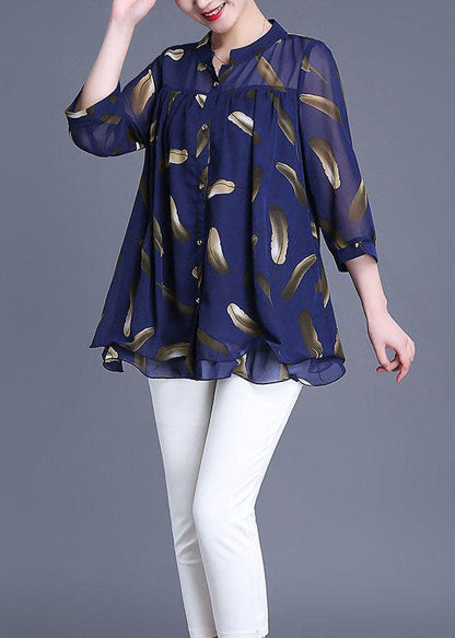 Navy Print Wrinkled Patchwork Chiffon Blouse Tops Summer