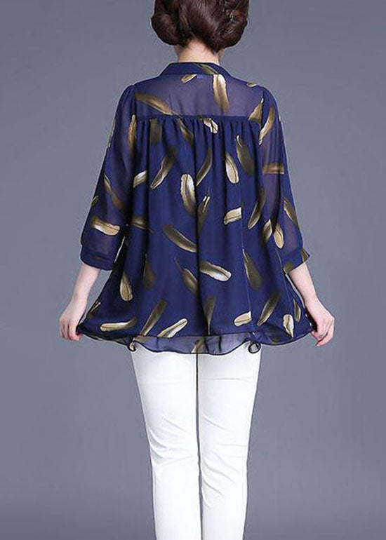 Navy Print Wrinkled Patchwork Chiffon Blouse Tops Summer