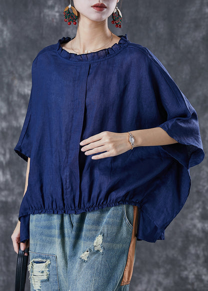 Navy Ruffled Low High Design Linen Top Short Sleeve