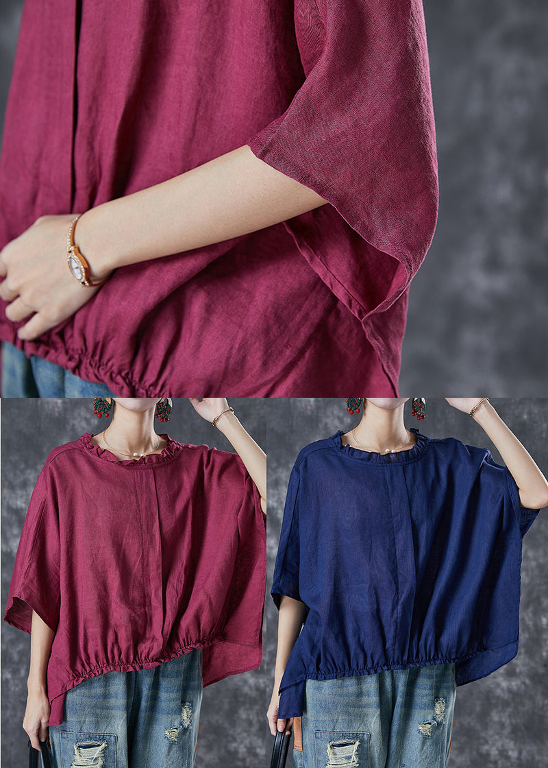 Navy Ruffled Low High Design Linen Top Short Sleeve