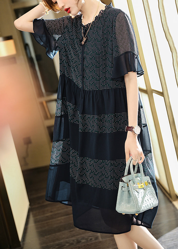 Navy Ruffled Print Chiffon Dress Flare Sleeve