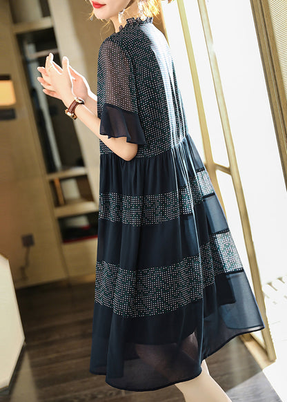 Navy Ruffled Print Chiffon Dress Flare Sleeve