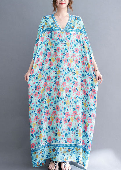 Navy V Neck Print Oversized Cotton Long Dress Gown Short Sleeve