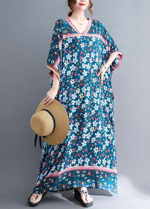 Navy V Neck Print Oversized Cotton Long Dress Gown Short Sleeve