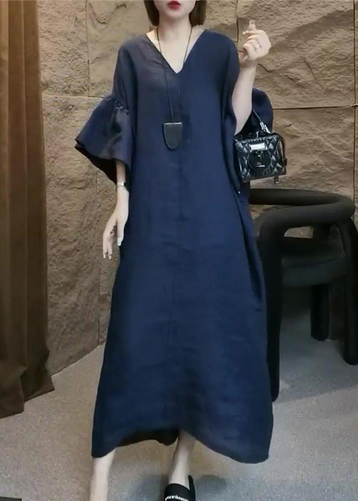 Navy V Neck Linen Long Dress Flare Sleeve