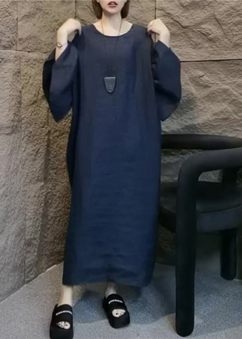 Navy V Neck Linen Long Dress Flare Sleeve
