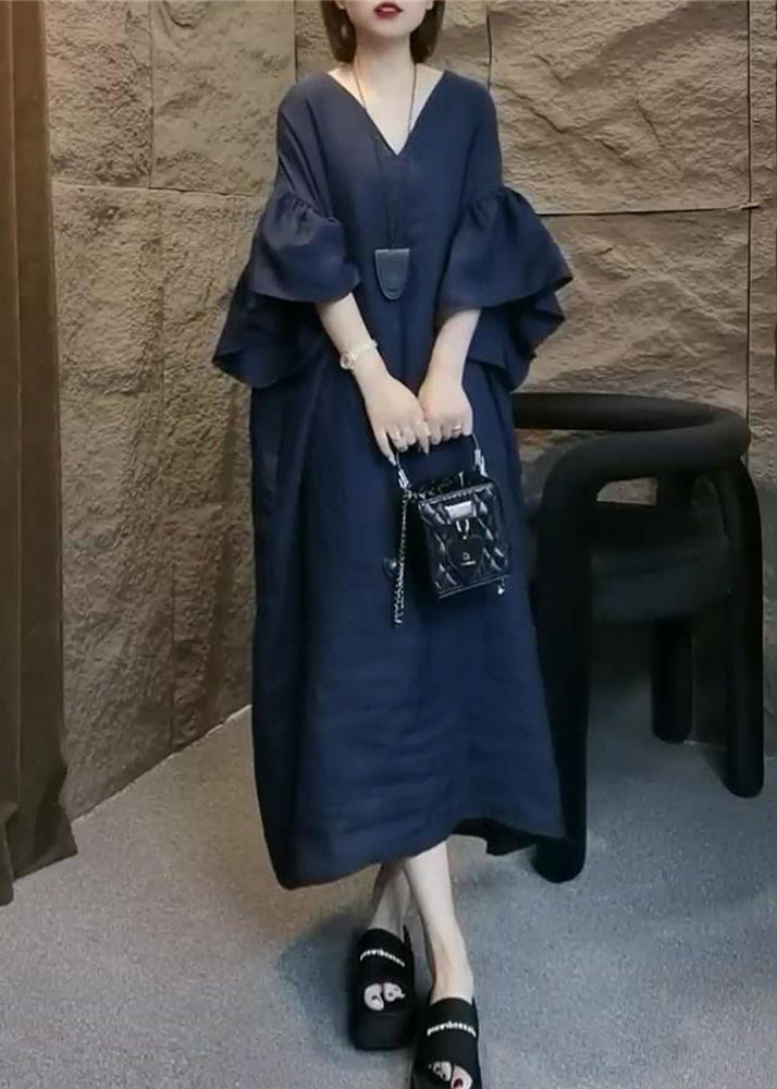 Navy V Neck Linen Long Dress Flare Sleeve