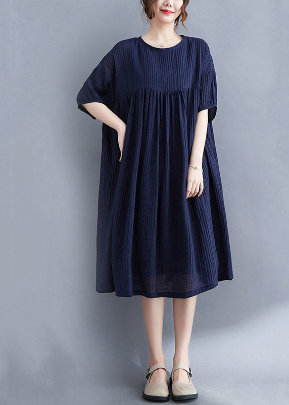 Navy Wrinkled Exra Large Hem Cotton Vacation Dress Summer