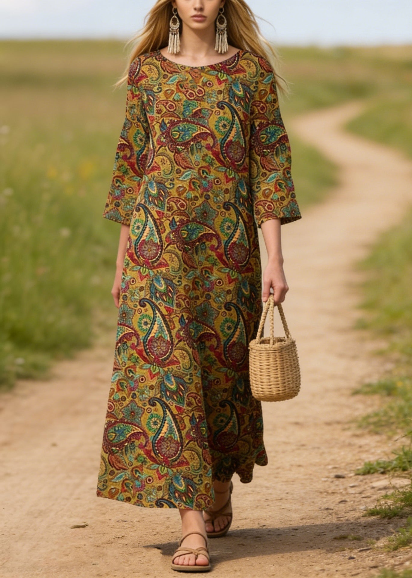 O Neck Print Cotton Long Dresses Summer