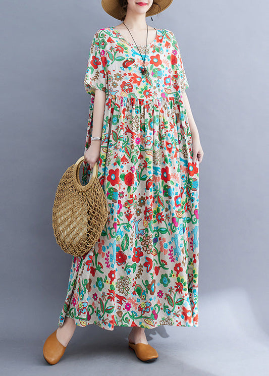 O-neck Print Patchwork Knit Robe Dresses Short Sleeve