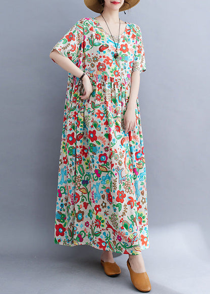 O-neck Print Patchwork Knit Robe Dresses Short Sleeve