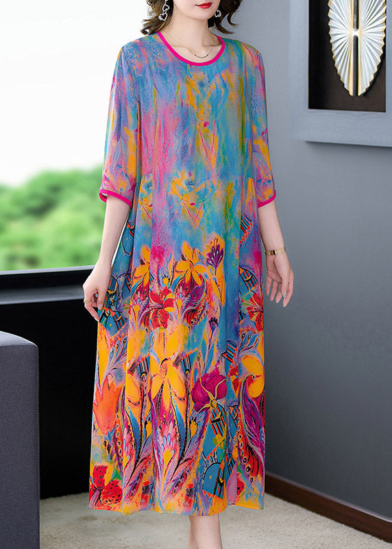 O-neck Print Silk Dress Long Sleeve
