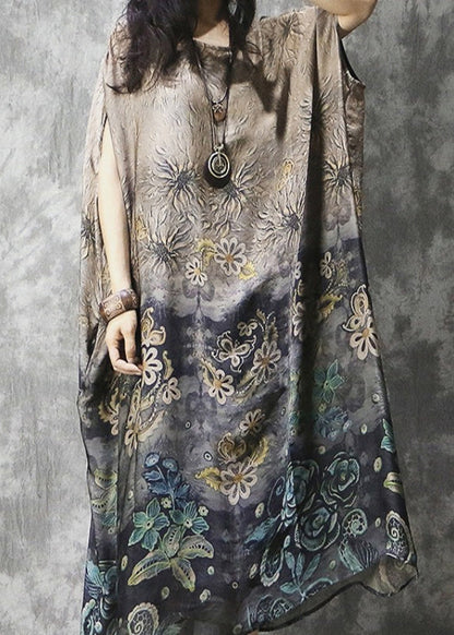 O-neck Print Silk Vacation Dress Batwing Sleeve