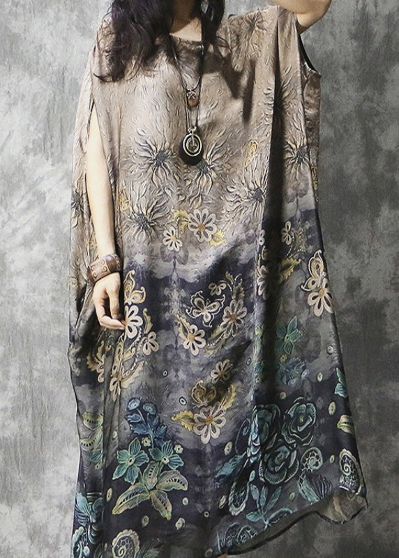 O-neck Print Silk Vacation Dress Batwing Sleeve