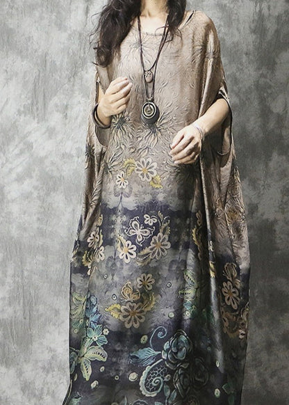 O-neck Print Silk Vacation Dress Batwing Sleeve