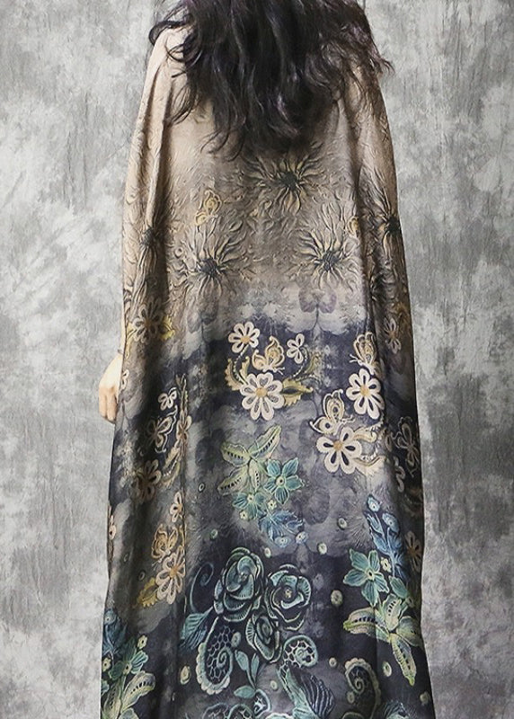 O-neck Print Silk Vacation Dress Batwing Sleeve