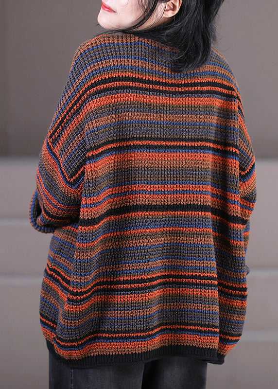 O-neck Thick Striped Pockets Knit Sweater Long Sleeve