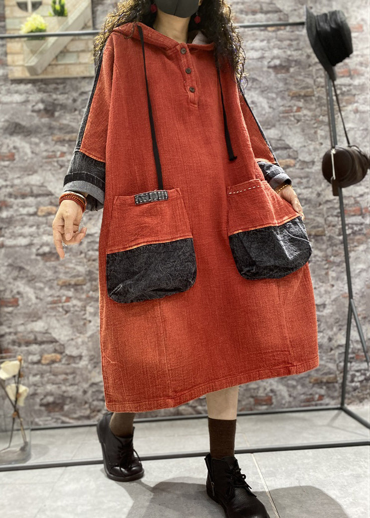 Orange Hooded Pockets Denim Long Dress Fall