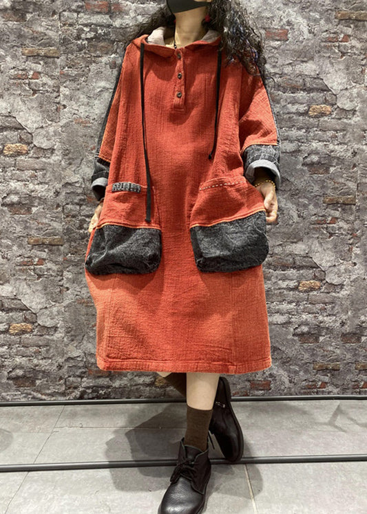 Orange Hooded Pockets Denim Long Dress Fall