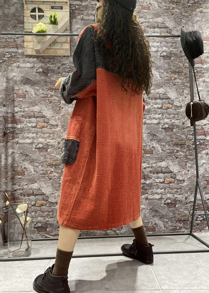 Orange Hooded Pockets Denim Long Dress Fall