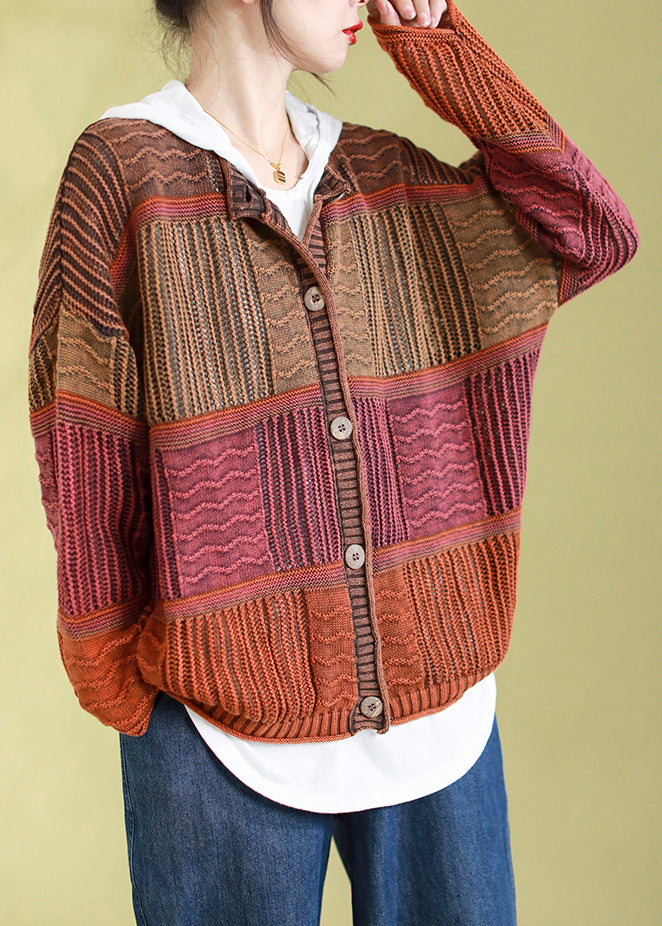 Orange O Neck Button Patchwork Knit Cardigans Spring