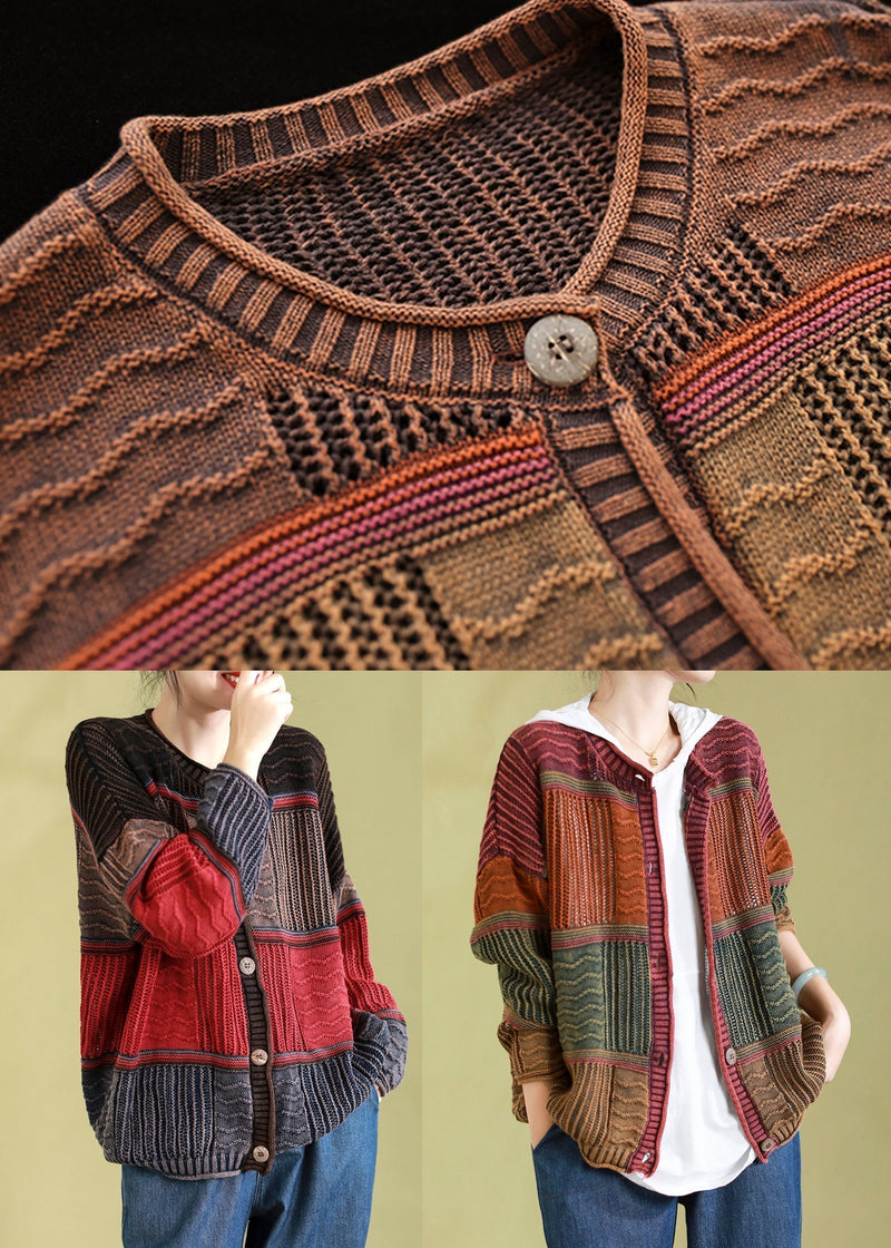 Orange O Neck Button Patchwork Knit Cardigans Spring