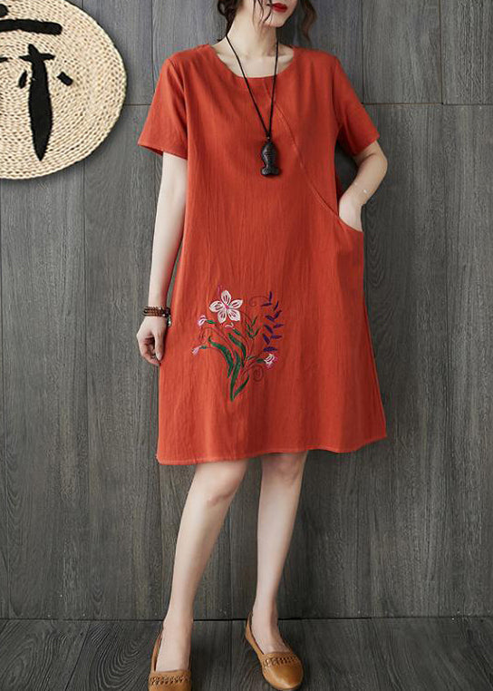 Orange O-neck Embroideried Pocket Linen Dresses Short Sleeve