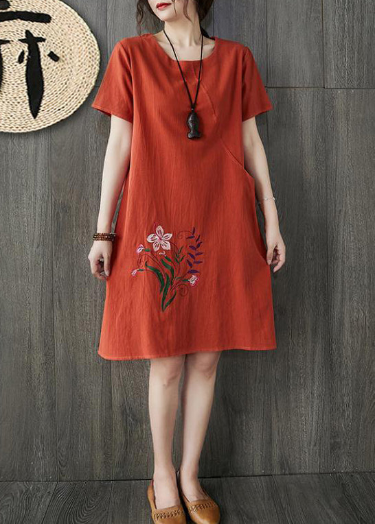 Orange O-neck Embroideried Pocket Linen Dresses Short Sleeve