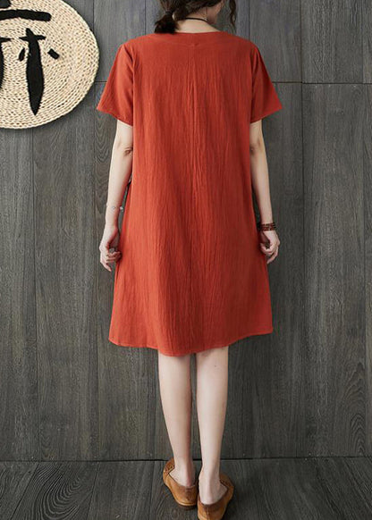 Orange O-neck Embroideried Pocket Linen Dresses Short Sleeve